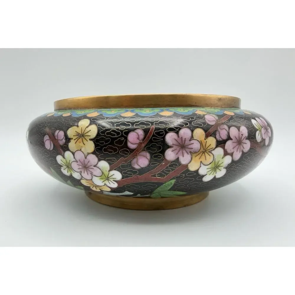 Chinese Cloisonné Lidded Bowl Hand Painted Enamel Flowers & Butterflies Vintage